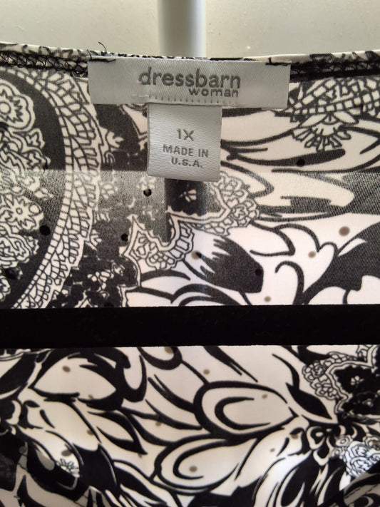 Dressbarn Woman 1X Plus Size Black White Paisley Floral Print 3/4 Sleeve Blouse