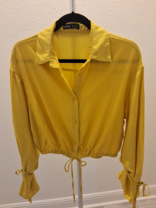 Shein Cropped Long Sleeve S Yellow Tie Sleeves Draw String Button Up Blouse