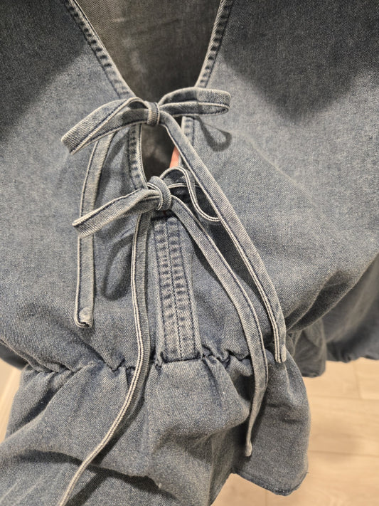 Idem Ditto S Tie Front Crop Denim Top Womens Long Puff Sleeve Peplum Blue
