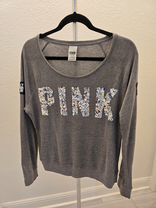 Pink Victoria's Secret M Gray Sequin Bling Logo Scoop Neck Sweatshirt Women