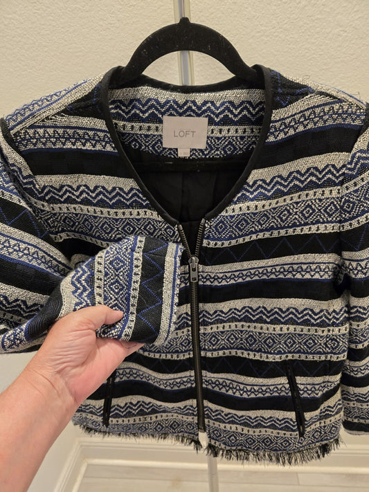 Loft Size 12 Blue White Geometric Woven Tweed Zip Jacket Fringe Trim Women's