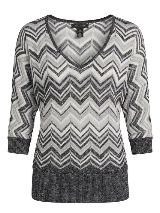WHBM Metallic Chevron Knit Sweater M Gray Silver Shimmer V-Neck Dolman Y2K