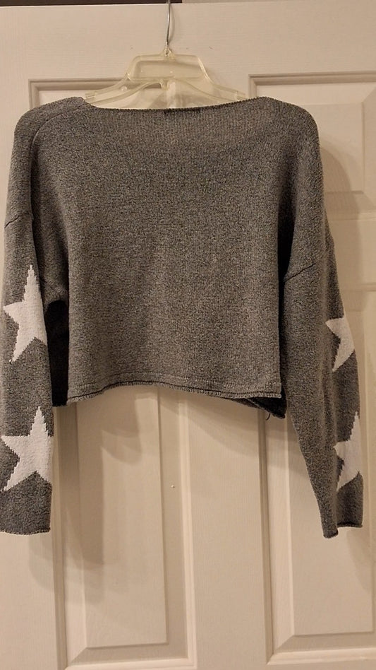 SHEIN Star Print Sweater Gray White Cropped Knit Pullover Cozy Women's Size S