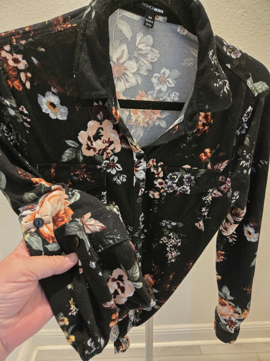 Fashion Nova M Floral Tie Front Button Up Shirt Womens Black Long Sleeve Blouse