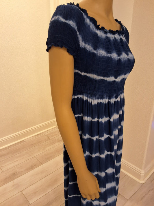 Ellen Weaver S Tie Dye Maxi Dress Smocked Bardot Off Shoulder Blue White Y2K