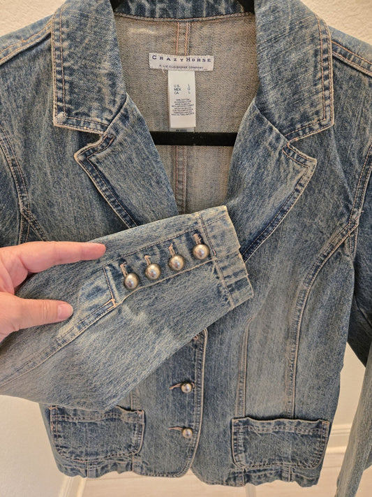 Crazy Horse Vintage Denim Blazer Liz Claiborne Blue Jean Jacket L Womens Y2K