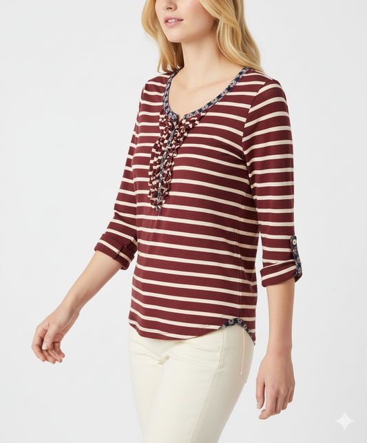 Anthropologie Cottagecore Striped Ruffle Placket Top Coastal Roll Tab Size S