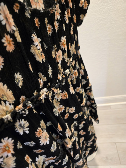 Wild Moss L Daisy Floral Tiered Babydoll Mini Dress Womens Puff Sleeve Black