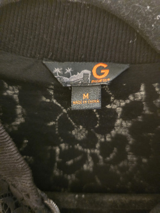 G By Guess M Black Floral Lace Full Zip Bomber Jacket Women Ribbed Trim