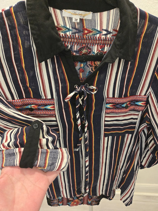 Andree by Unit Western Boho Embroidered Lace Up M Striped Blouse