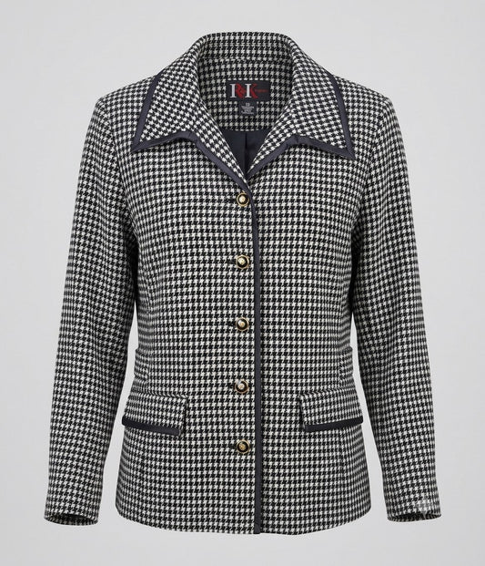 R&K Originals Houndstooth Blazer Jacket Faux Leather Trim Black White Womens 10