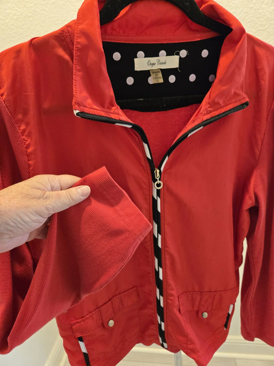 Onque Casuals L Red Zip Up Polka Dot Collar Ribbon Trim Ribbed Sleeve Jacket