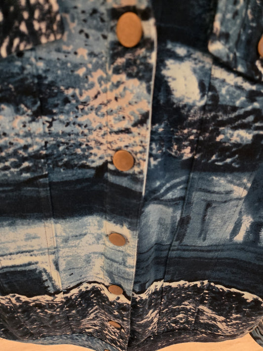 Orientique US 5 Denim Trucker Jacket Womens Abstract Art Landscape Print Blue