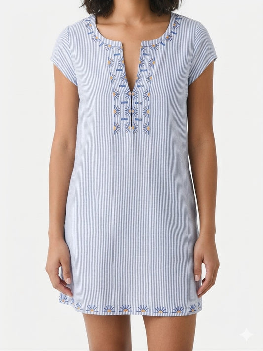 HIHO Tortola BVI Medium Striped Linen Embroidered Tunic Shift Rachel Dress