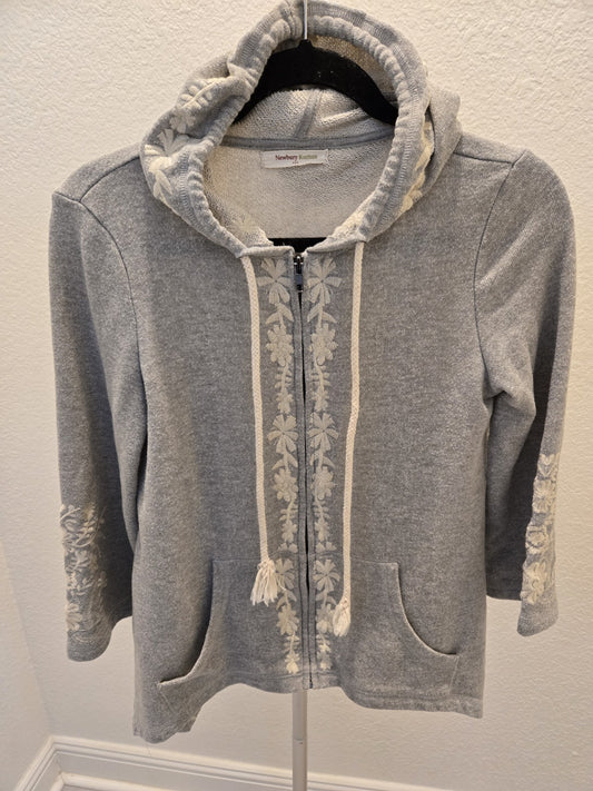 Newbury Kustom Gray Floral Embroidered Zip Up Hoodie Sweatshirt Cottagecore Boho