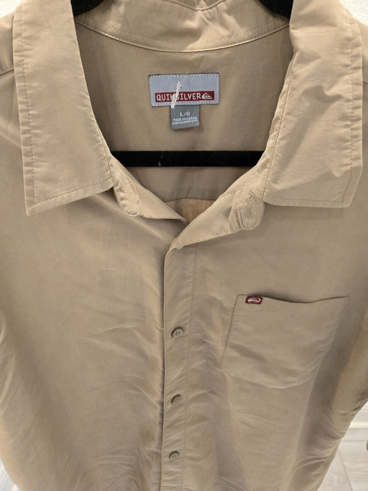 Vintage Quiksilver Short Sleeve Button Up Shirt Tan Y2K Surfwear Skater Style