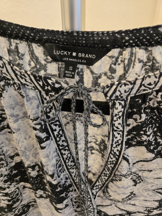 Lucky Brand Peasant Black White Paisley Tie Neck Boho Blouse Small Womens