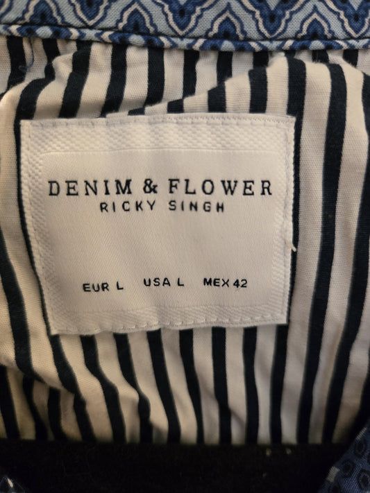Denim & Flower Ricky Singh Patchwork Shirt L Mens Blue Paisley Bandana Medalion