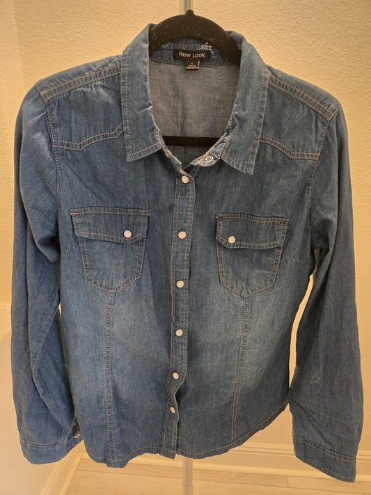 New Look Jean Shirt Large Womens Blue Pearl Snap Western Cowboy Button Down L