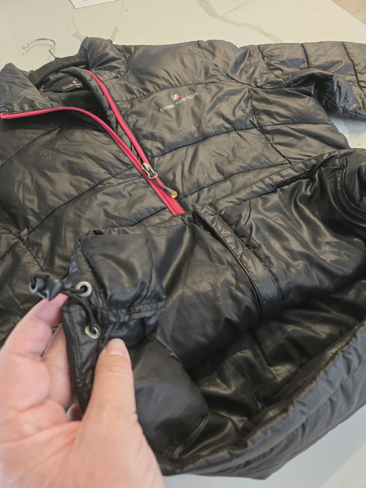 Stone New York M Puffer Jacket Womens Black Pink Trim Full Zip Lightweight Coat