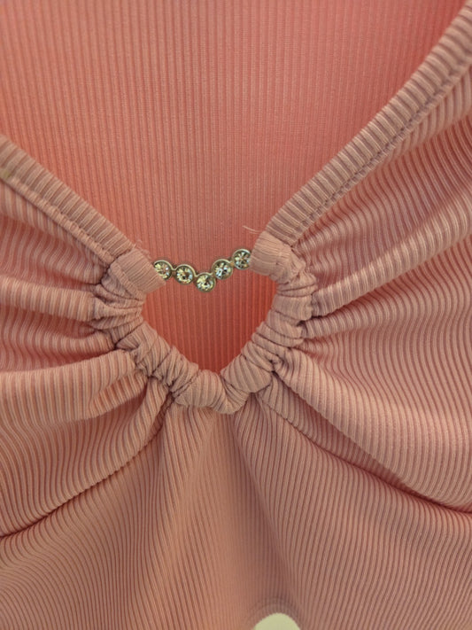 Shein M Pink Ribbed Knit Top Womens Long Sleeve Rhinestone Heart Cut Out Crop
