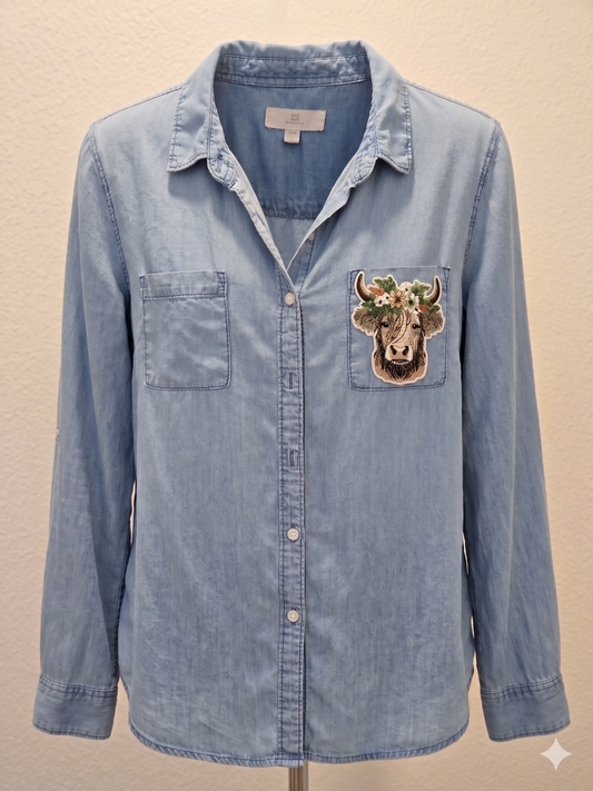 Highland Cow Embroidered L Jean Shirt Western Floral Boho Long Sleeve Lyocell