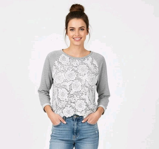 H&M Divided Grey Sweatshirt M White Floral Lace Overlay Raglan Pullover Crochet