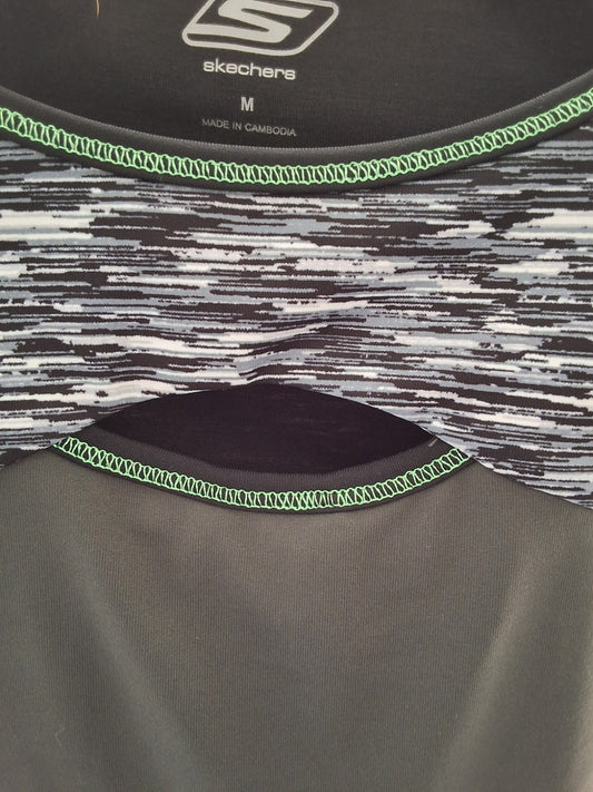 Skechers GOdry Black Gray Heathered Athletic Tank Top Keyhole Green Trim M Women
