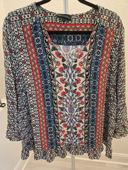 Cynthia Rowley 3X Bohemian Medallion Blouse Womens Multicolor Ruffle Peasant Top