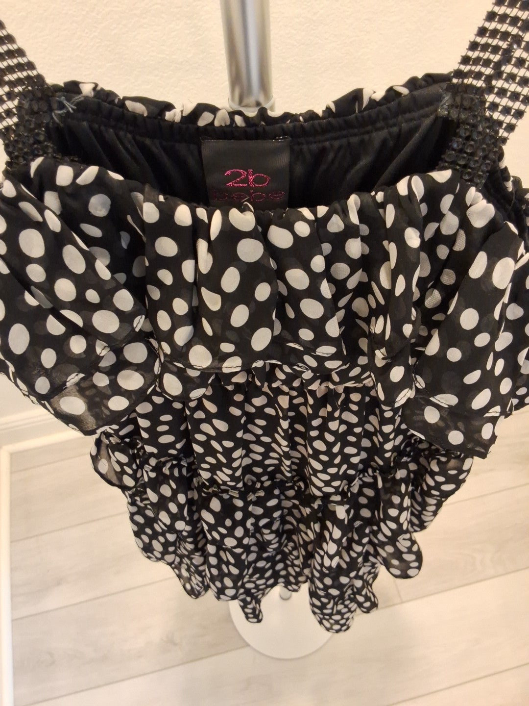 2B Bebe Size M Black And White Polka Dot With Plastic Straps Mini Dress