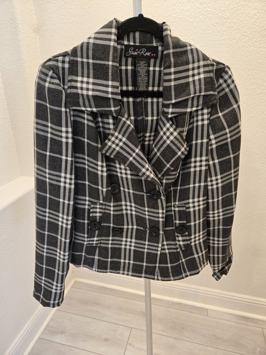 Susie Rose L Dark Academia Plaid Peacoat Cropped Double Breasted Quiet Luxury