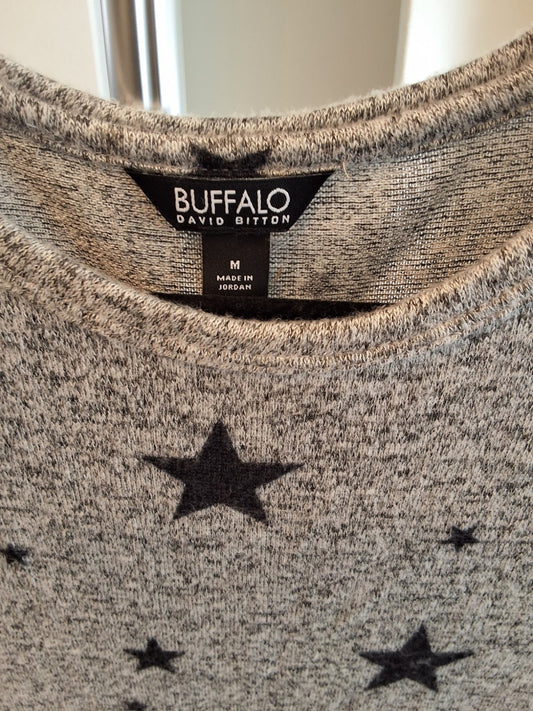Buffalo David Bitton Size M 3/4 Sleeve Gray Black Stars Super Soft Light Sweater