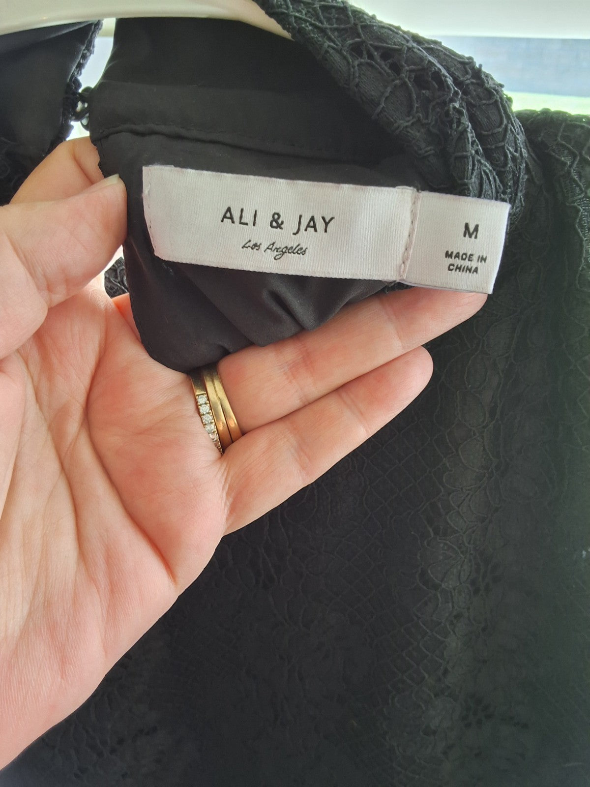 Ali & Jay LA M Black Lace Boho Swept Away Dress Bell Sleeve Lined Women's