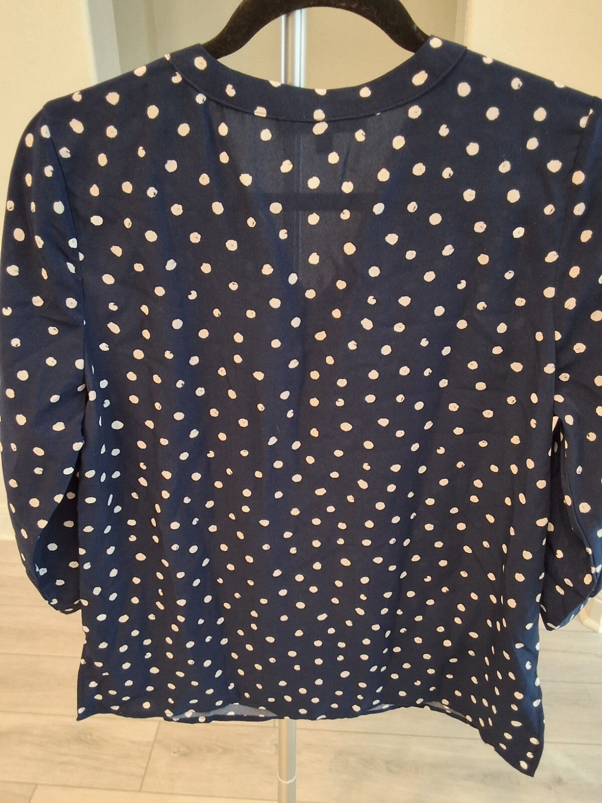 Adrienne Vittadini Womens Blue & White Polka Dot 3/4 Zip Pockets Size S