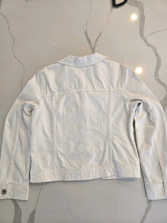 Merona White Denim Jean Trucker Jacket Large Button up Front & Cuffs Womens