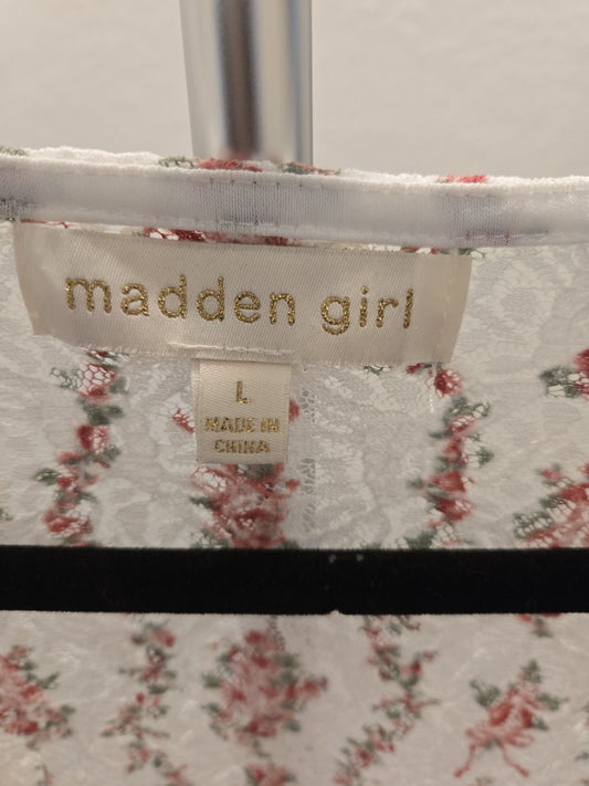 Madden Girl L Floral Lace Tie Front Top Womens Short Sleeve Sheer Blouse White
