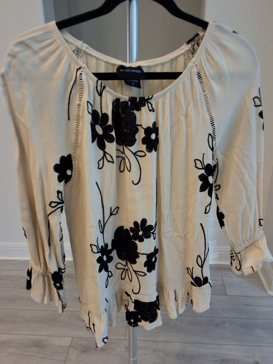 LIV LA Cottagecore Embroidered Floral Ruffle Peplum 3/4 Sleeve B/W Top S