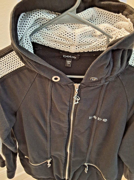 Bebe Vintage Y2K Black Full Zip Mesh L Hoodie Jacket Glam Rhinestone Logo Womens
