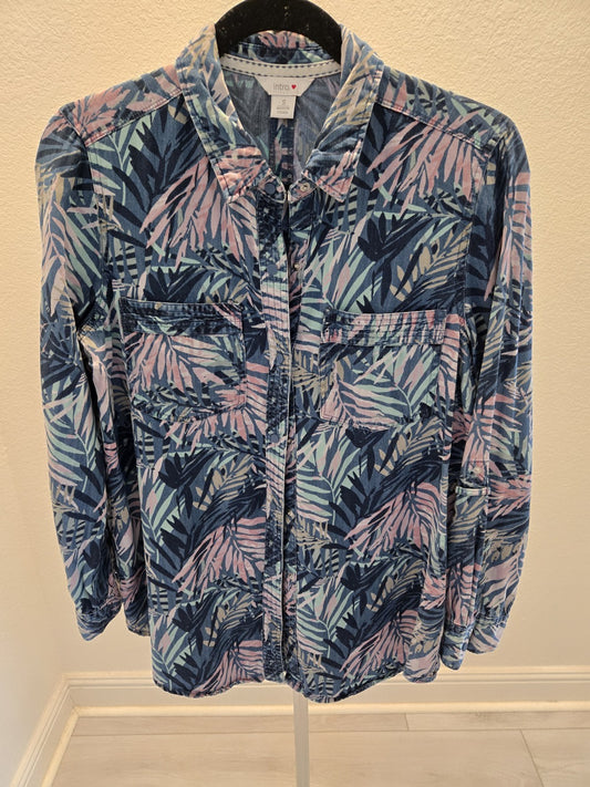 Intro S Blue Pink Tropical Palm Lyocell Denim Button Up Roll Tab Shirt Women