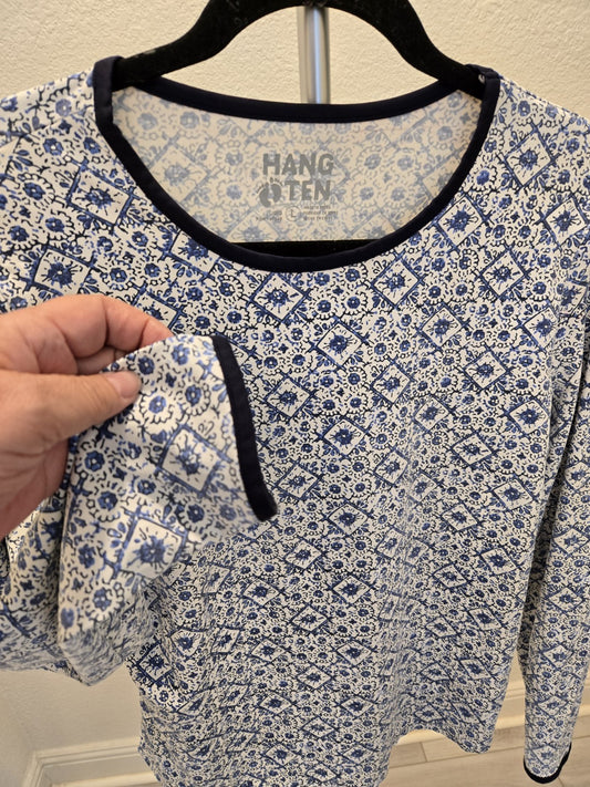 Hang Ten Large Blue White Mosaic Tile Long Sleeve Sun Shirt Back Zip Pocket L