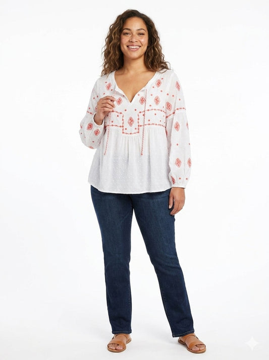 Solitaire Embroidered Large Coral & White Boho Swiss Dot Peasant Tie Neck Top