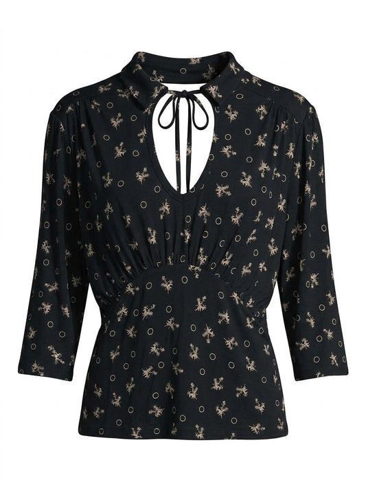 Free People Large Black Floral Circle Keyhole Tie Neck Ruffle Ruched Unique Top