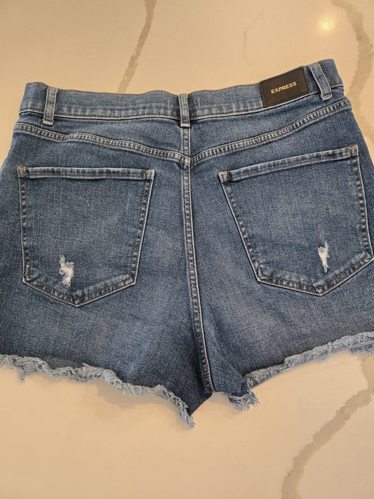 EXPRESS Size 12 Distressed Denim Shorts Womens Frayed Raw Hem Blue Jean