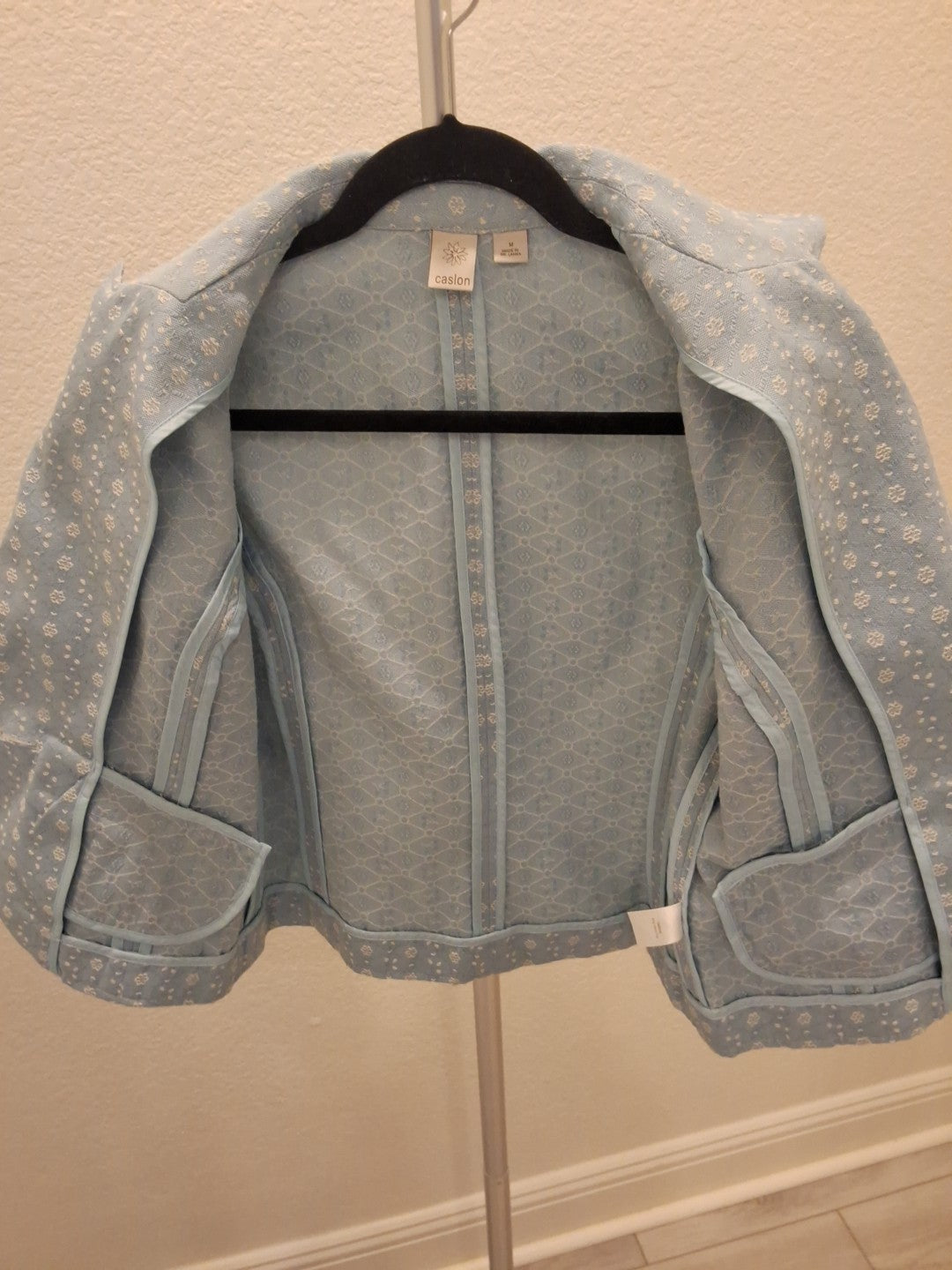 Caslon Blue White Floral Geometric Notch Lapel Faux Pockets Medium Blazer