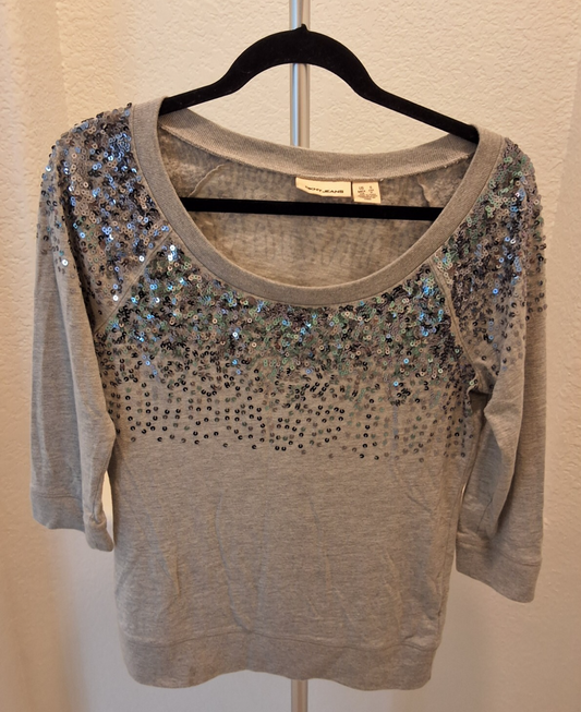 DKNY Size S Womens Gray with Sequins Scoop Neck 3/4 Sleeve Top/Sweatshirt