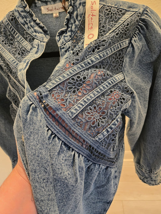 Solitaire Small NWT Lace Crochet Acid Wash Denim Blouse Top Jacket Women's