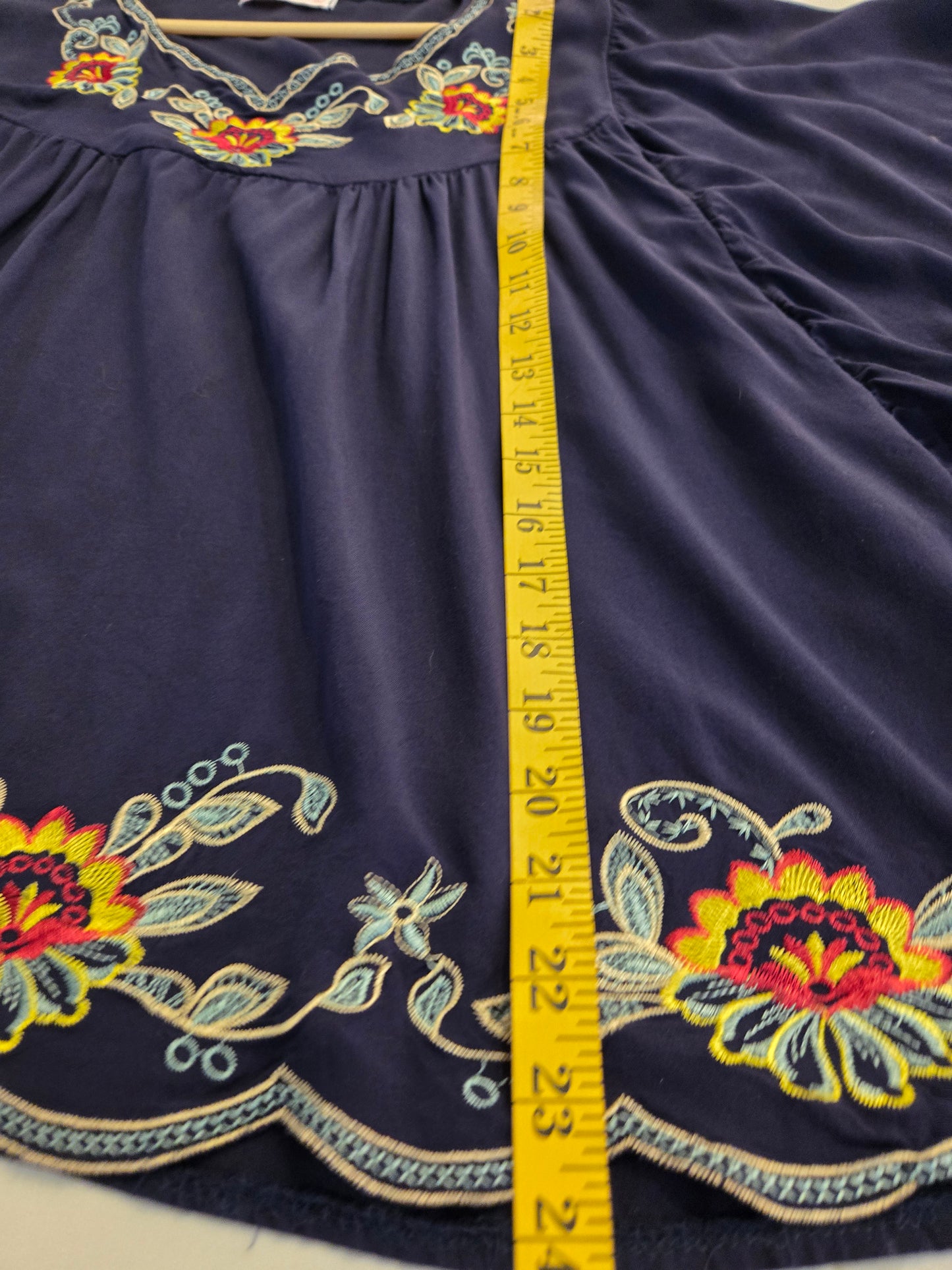 Parami Design Floral Embroidered Peasant Blouse - Navy - 1X