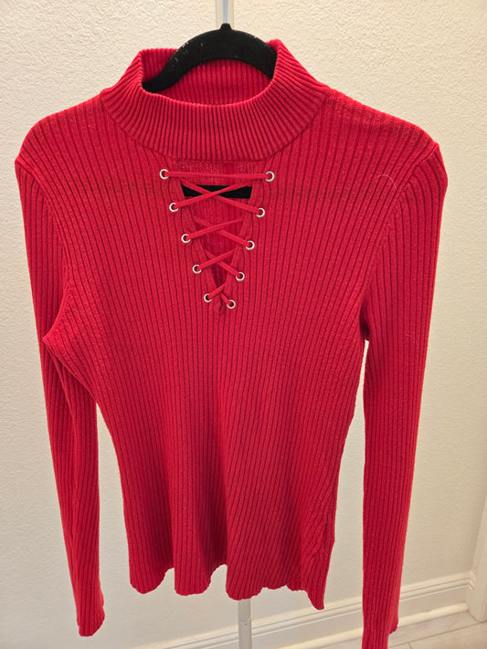 Derek Heart Lace Up Ribbed Sweater - Red - XL