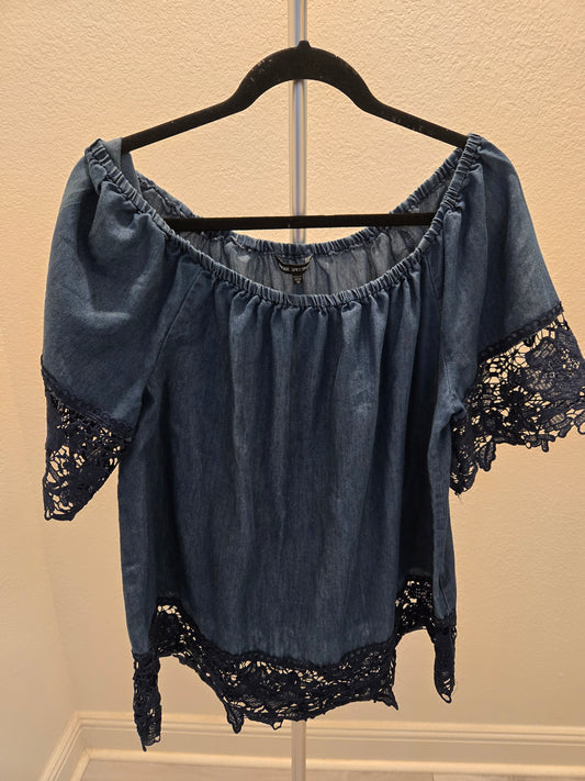 Unique Spectrum Lace Trim Denim Blouse - Medium Wash - 1X