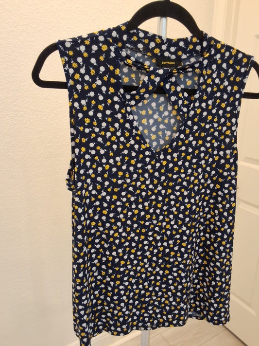 Expresso L Navy Ditsy Floral Keyhole Mock Neck Sleeveless Blouse Y2K Cutout Top